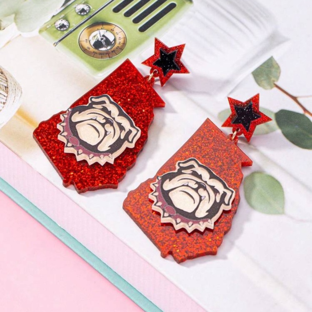 One of a Kind UGA (University of Georgia) Black and Red Bulldog Dangle Earrings